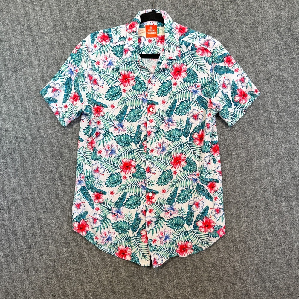 Free Planet Shirt Mens‎ Medium Hawaiian Floral Short Sleeve Button Up Tropical
